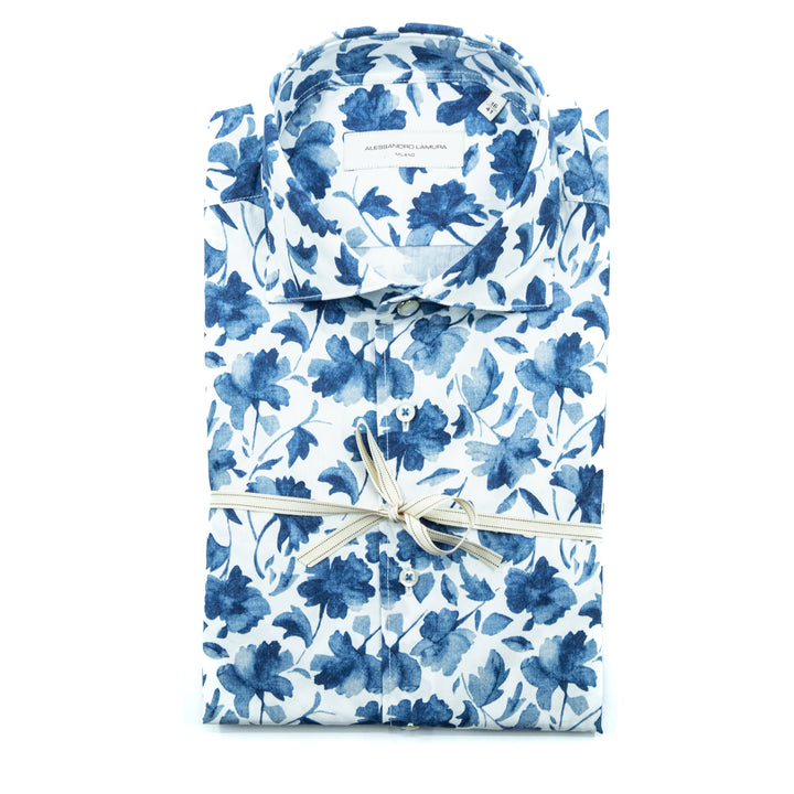 Blue and White Floral Pattern Shirt