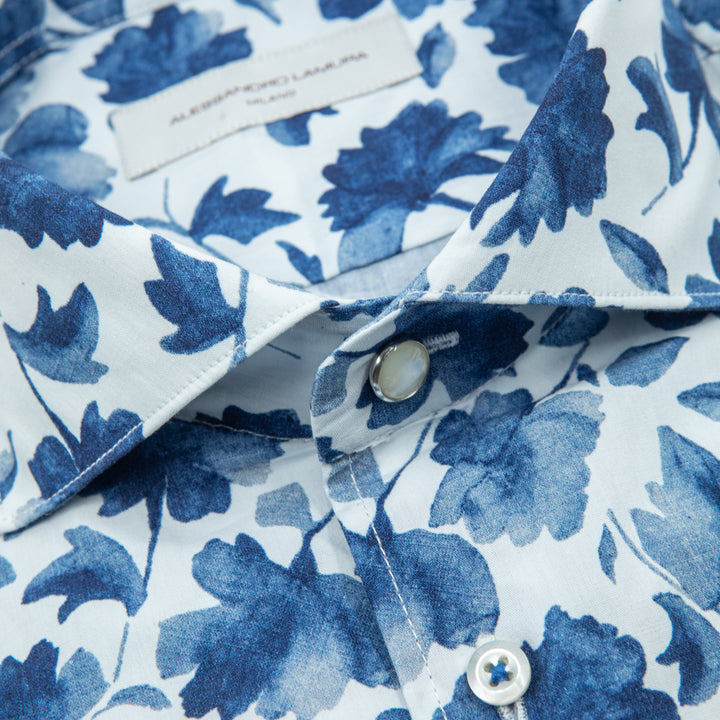 Blue and White Floral Pattern Shirt
