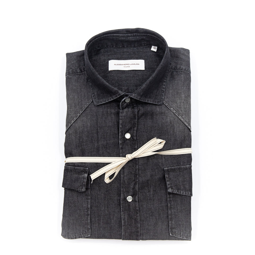 Camicia Denim Nera con Bottoni a Pressione