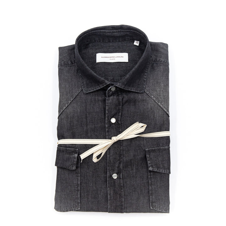 Camicia Denim Nera con Bottoni a Pressione