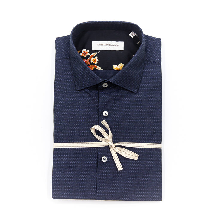 Camicia Blu Microfantasia con Interno Collo Floreale