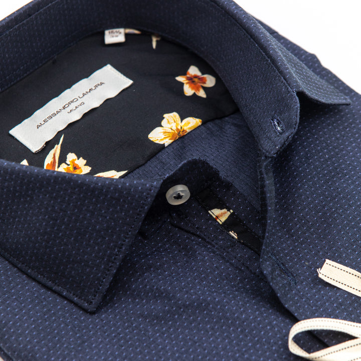 Camicia Blu Microfantasia con Interno Collo Floreale