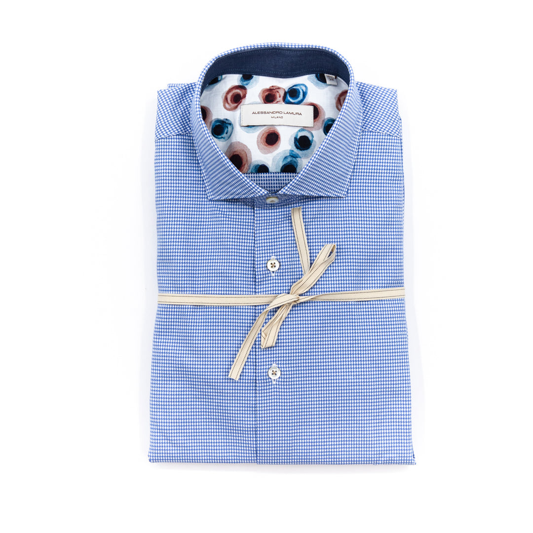 Camicia Micro Fantasia Azzurra con Interno Colletto Stampato