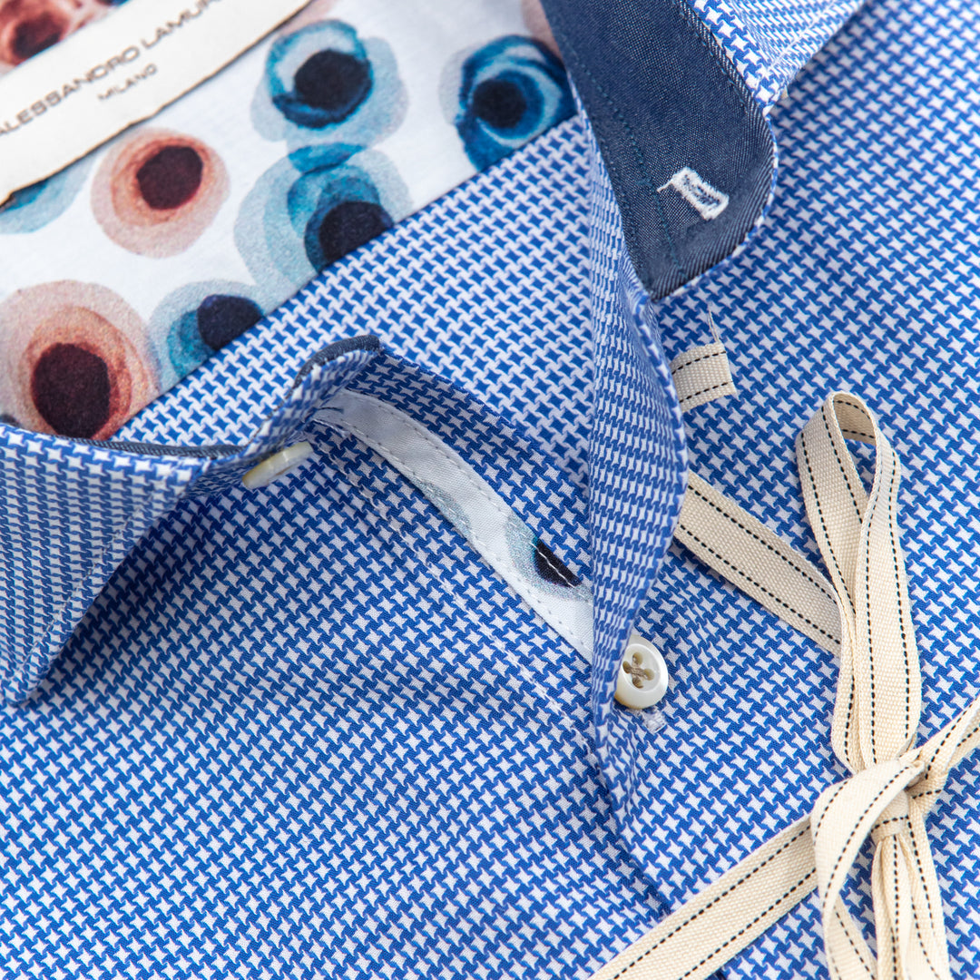 Camicia Micro Fantasia Azzurra con Interno Colletto Stampato