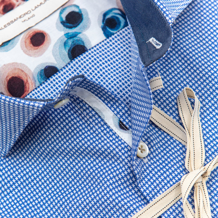 Camicia Micro Fantasia Azzurra con Interno Colletto Stampato