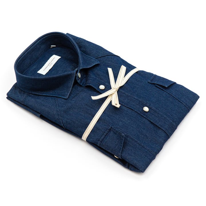 Camicia Denim Blu con Bottoni Madreperla