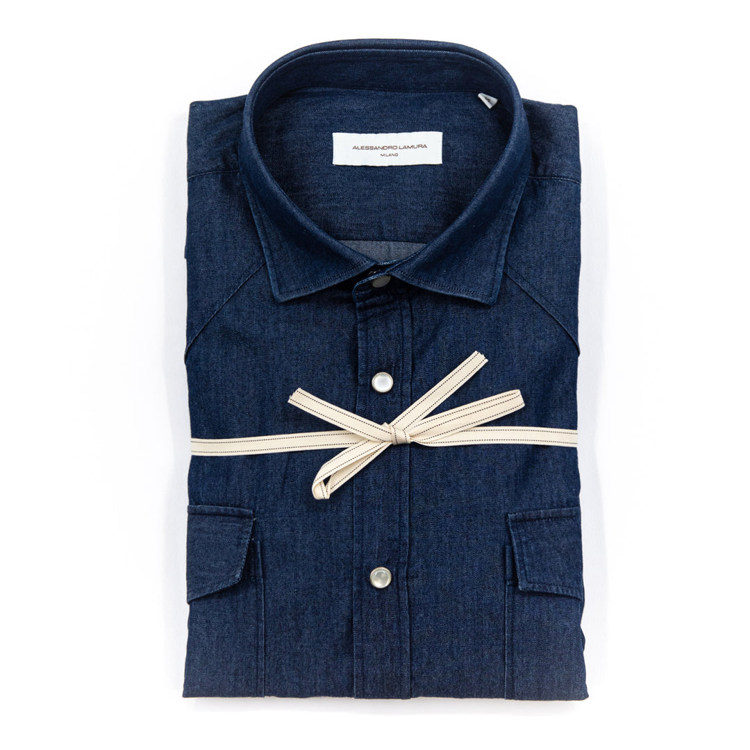 Camicia Denim Blu con Bottoni Madreperla