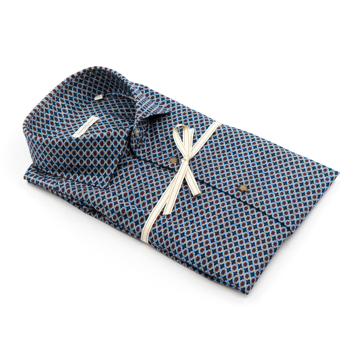 Camicia Fantasia Micro-Geometrica Blu/Bordeaux