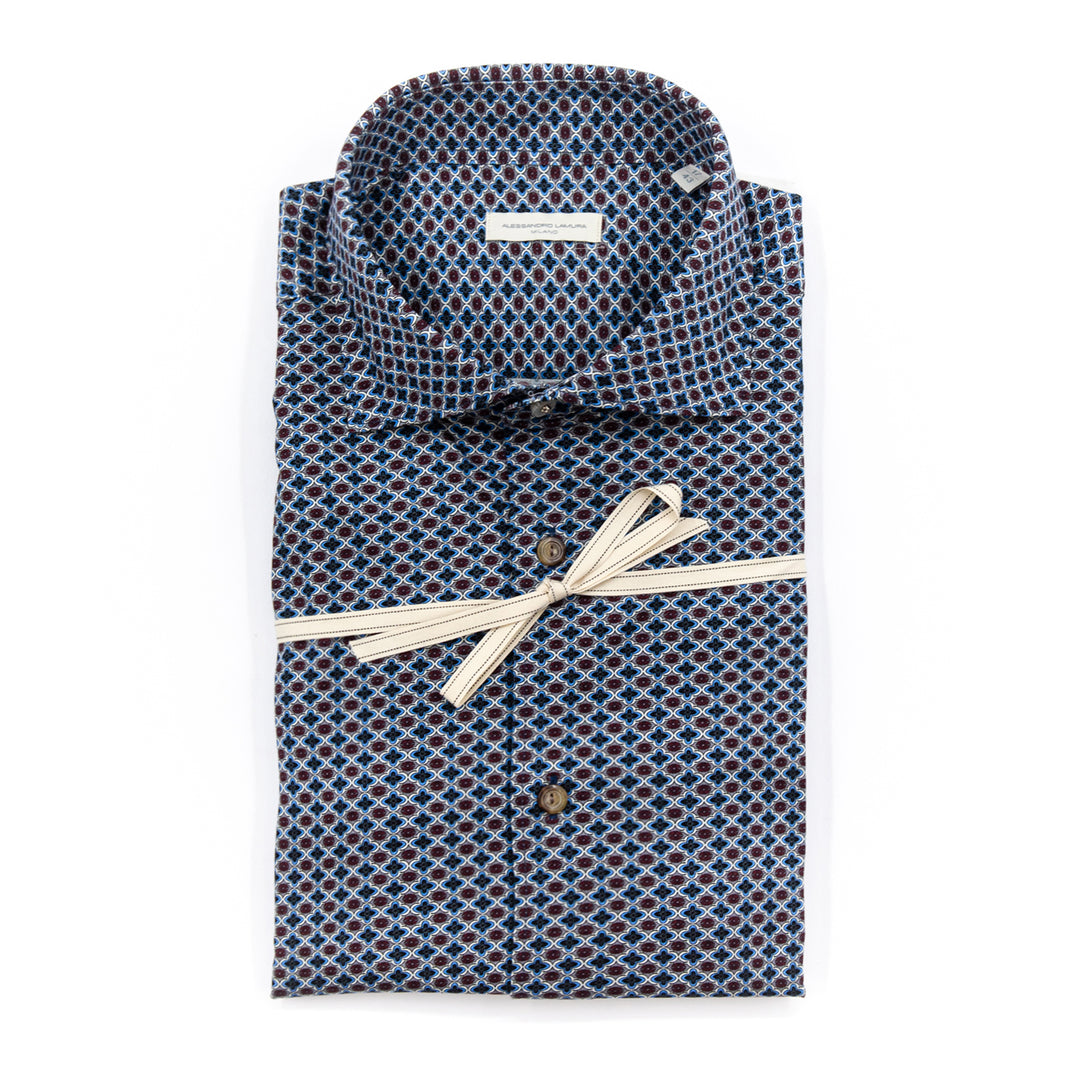 Camicia Fantasia Micro-Geometrica Blu/Bordeaux