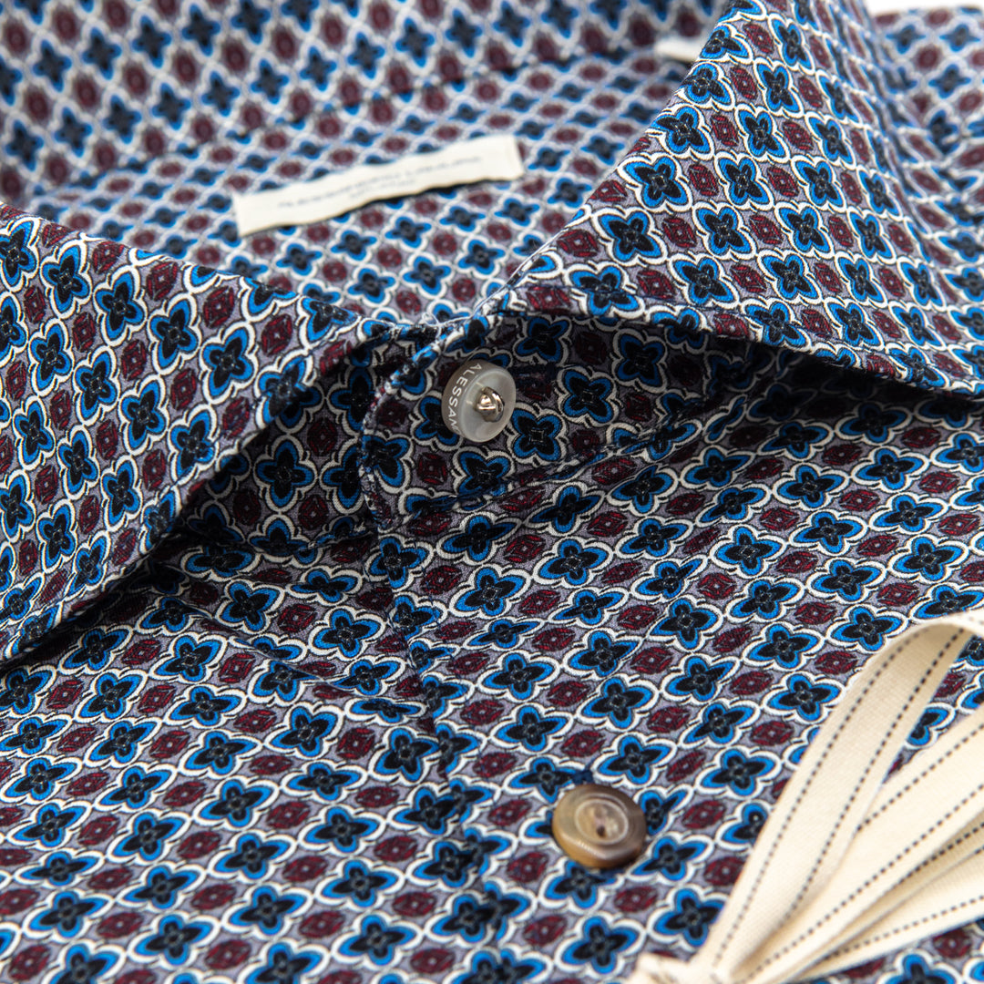 Camicia Fantasia Micro-Geometrica Blu/Bordeaux