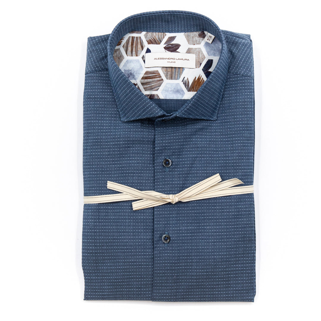 Camicia Blu Micro Fantasia con Dettagli Interni a Contrasto
