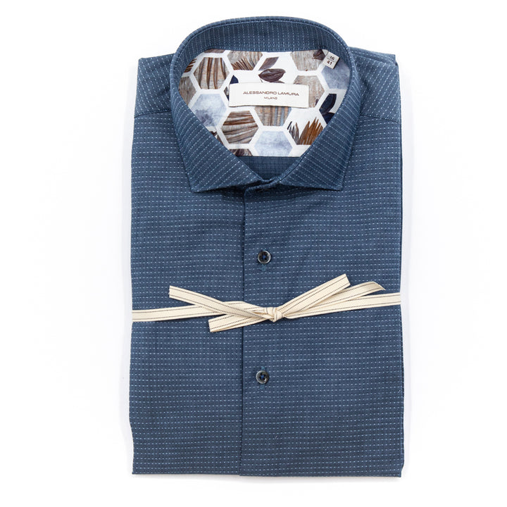 Camicia Blu Micro Fantasia con Dettagli Interni a Contrasto