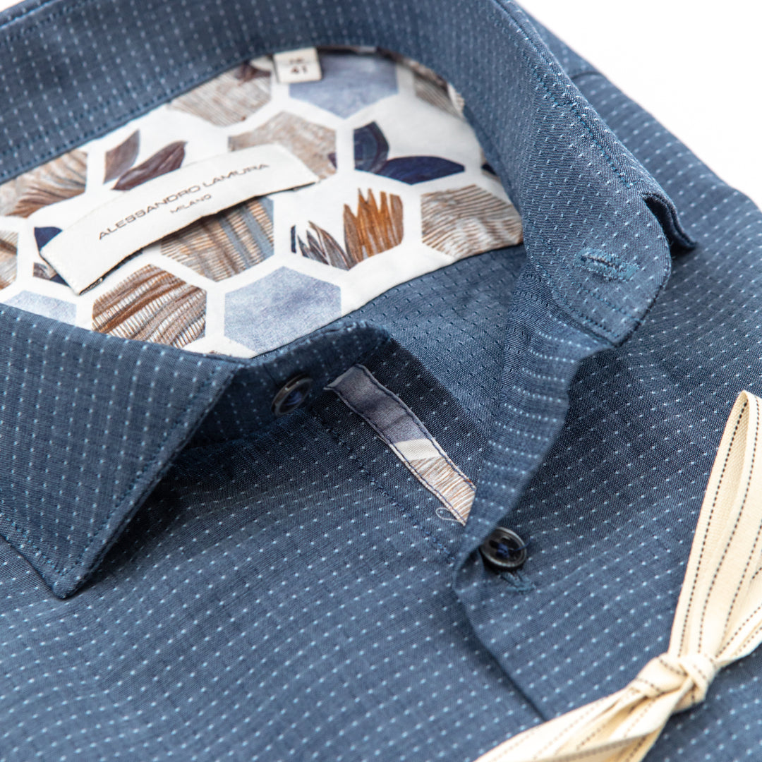 Camicia Blu Micro Fantasia con Dettagli Interni a Contrasto