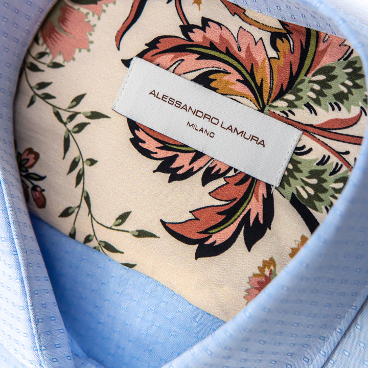 Camicia Celeste Micro Rilievo con Interno Fantasia Floreale