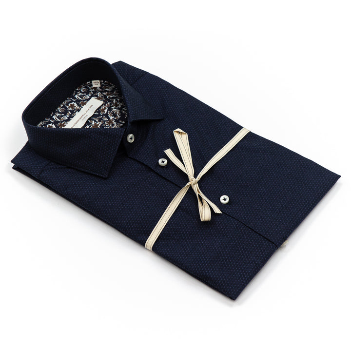 Camicia Blu Notte Microdisegno con Interno Floreale