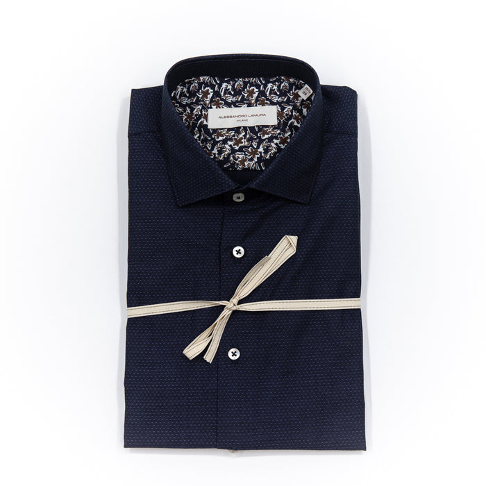 Camicia Blu Notte Microdisegno con Interno Floreale