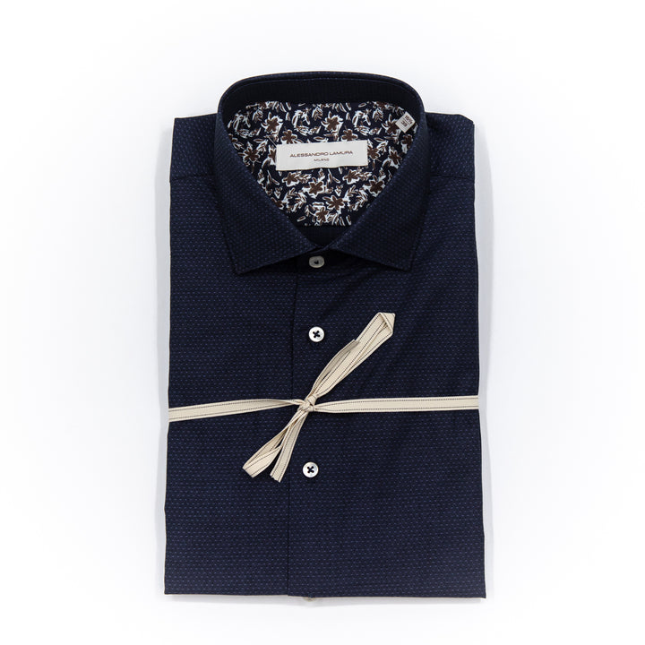 Camicia Blu Notte Microdisegno con Interno Floreale