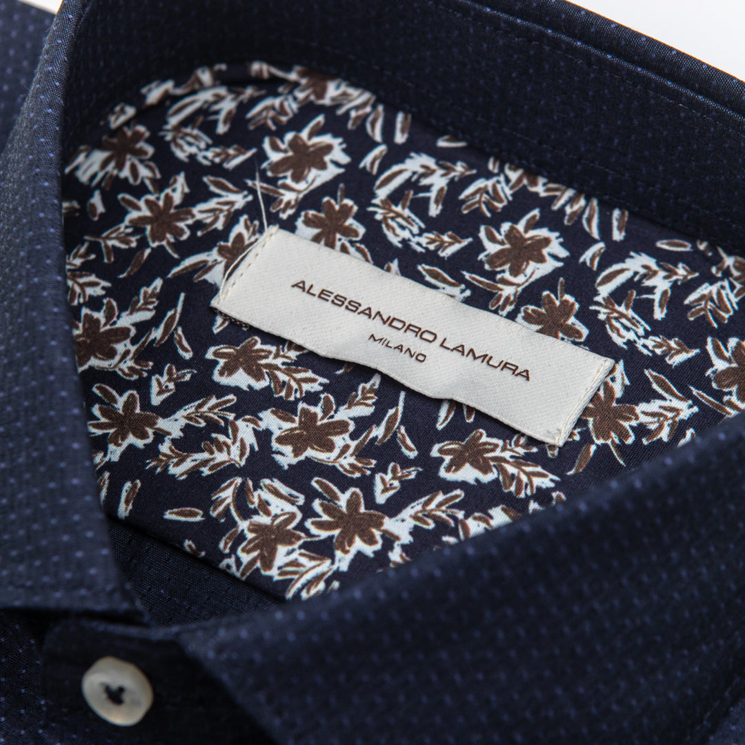 Camicia Blu Notte Microdisegno con Interno Floreale