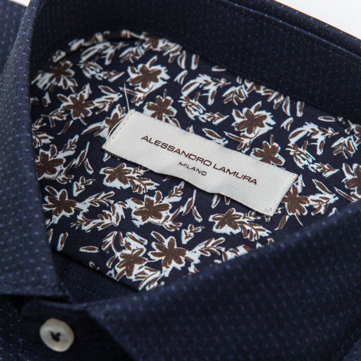 Camicia Blu Notte Microdisegno con Interno Floreale