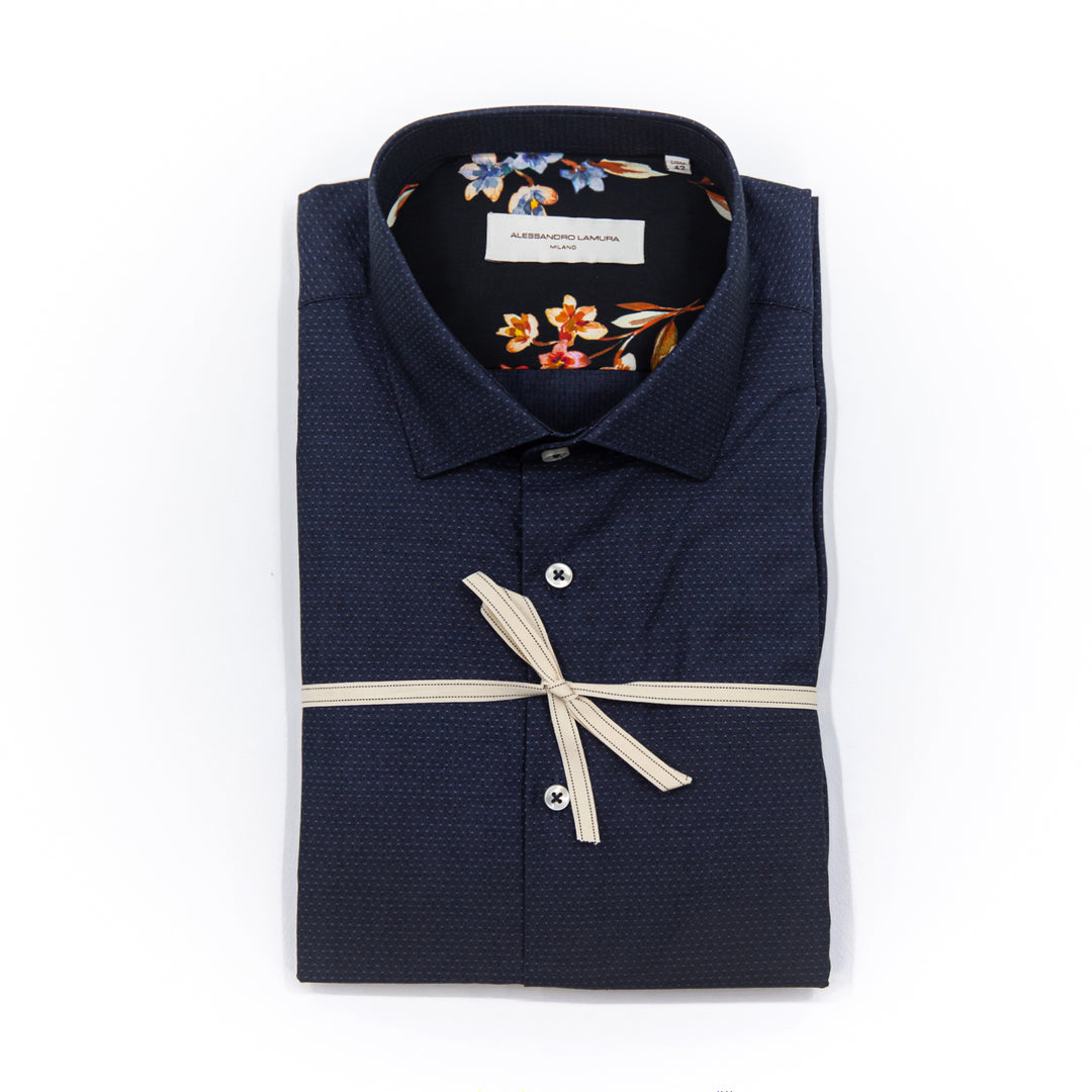 Camicia Blu Notte Microdisegno con Interno Floreale