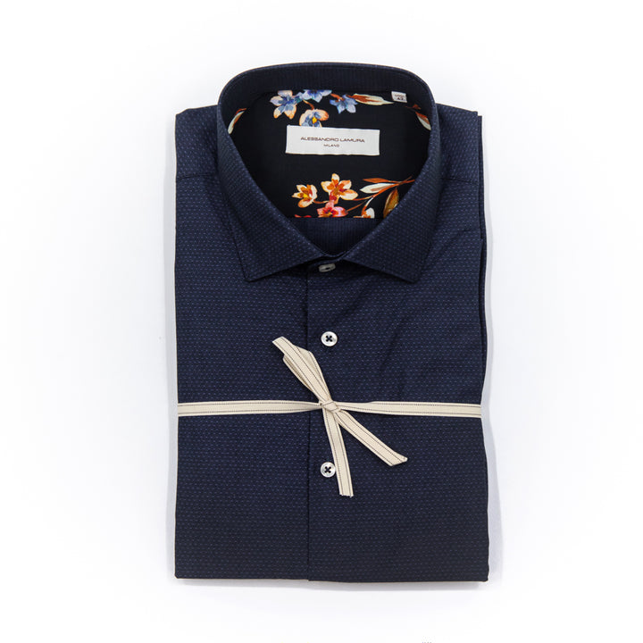 Camicia Blu Notte Microdisegno con Interno Floreale