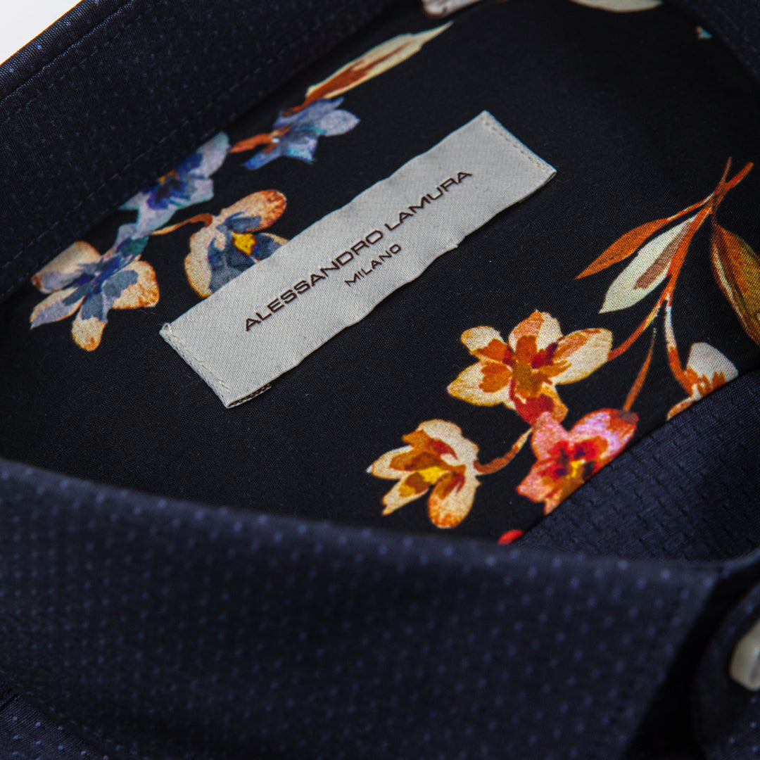 Camicia Blu Notte Microdisegno con Interno Floreale