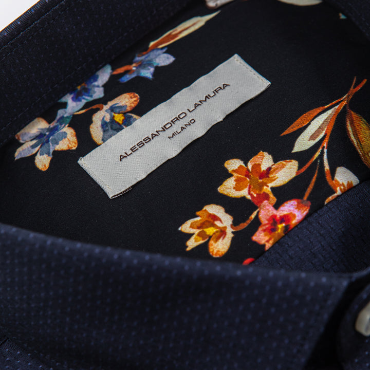 Camicia Blu Notte Microdisegno con Interno Floreale