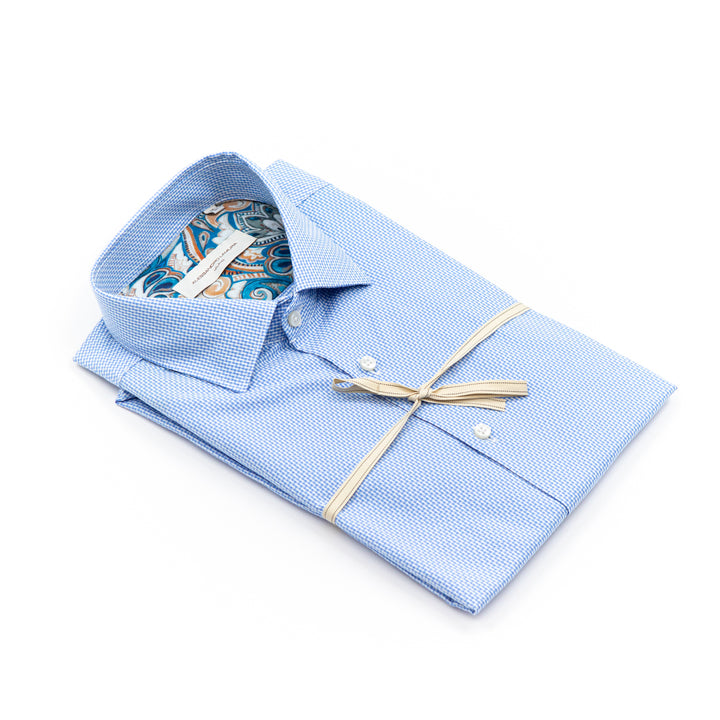 Camicia Azzurra Microcheck con Interno Collo Fantasia Paisley