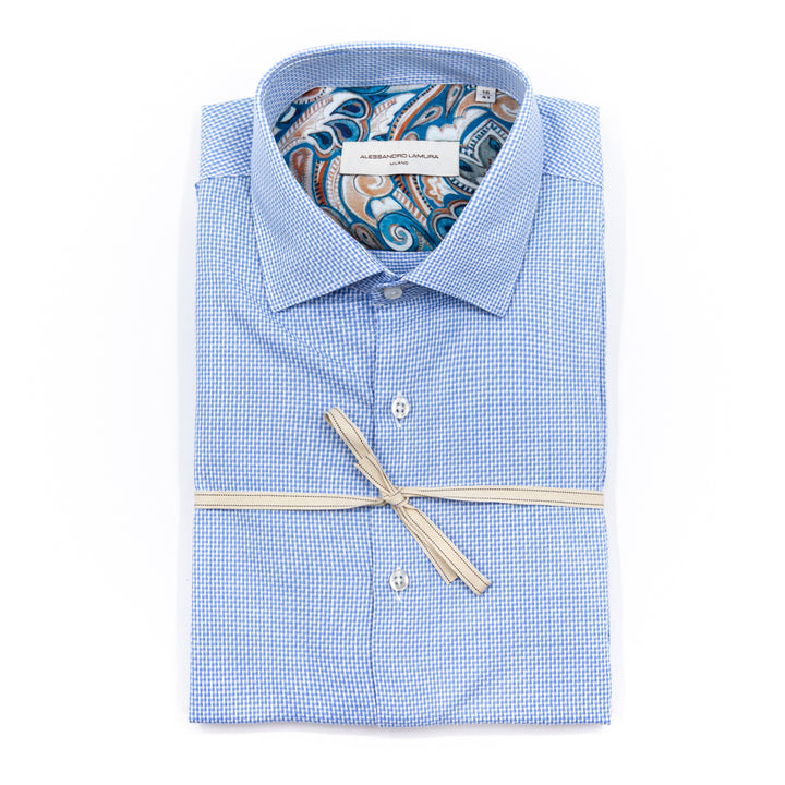Camicia Azzurra Microcheck con Interno Collo Fantasia Paisley