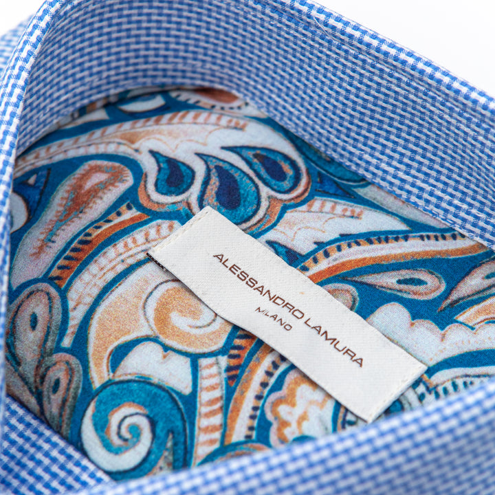 Camicia Azzurra Microcheck con Interno Collo Fantasia Paisley