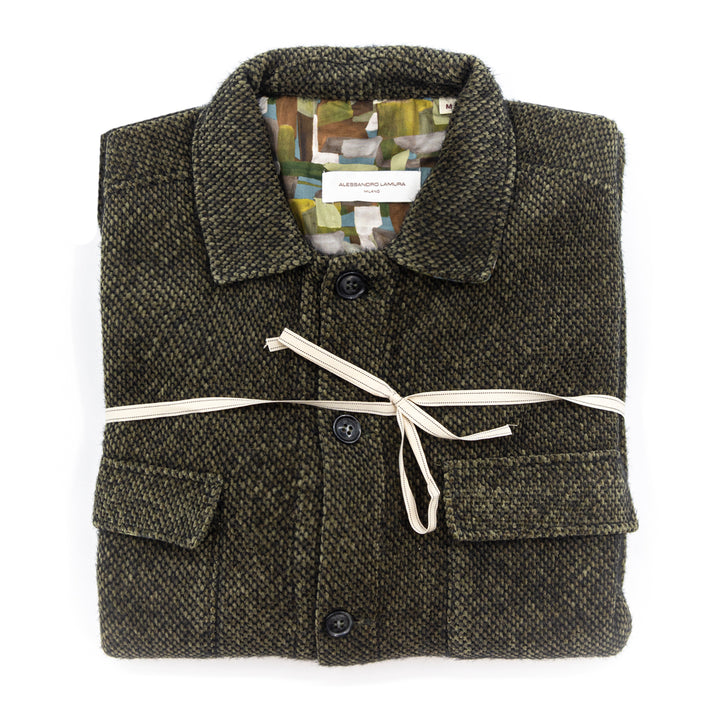 Giacca-Camicia in Bouclé Verde Militare con Contrasto