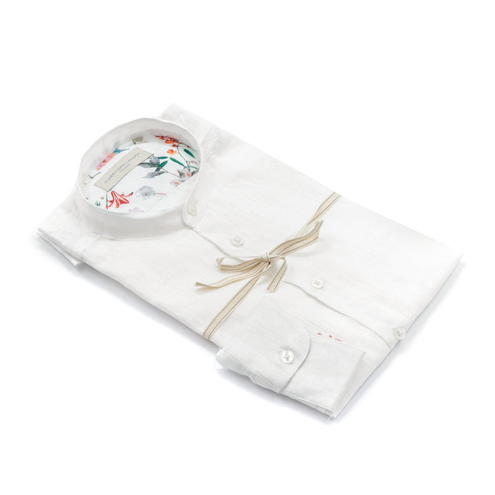 Camicia Bianca in Lino con Collo Coreano e Interno Floreale