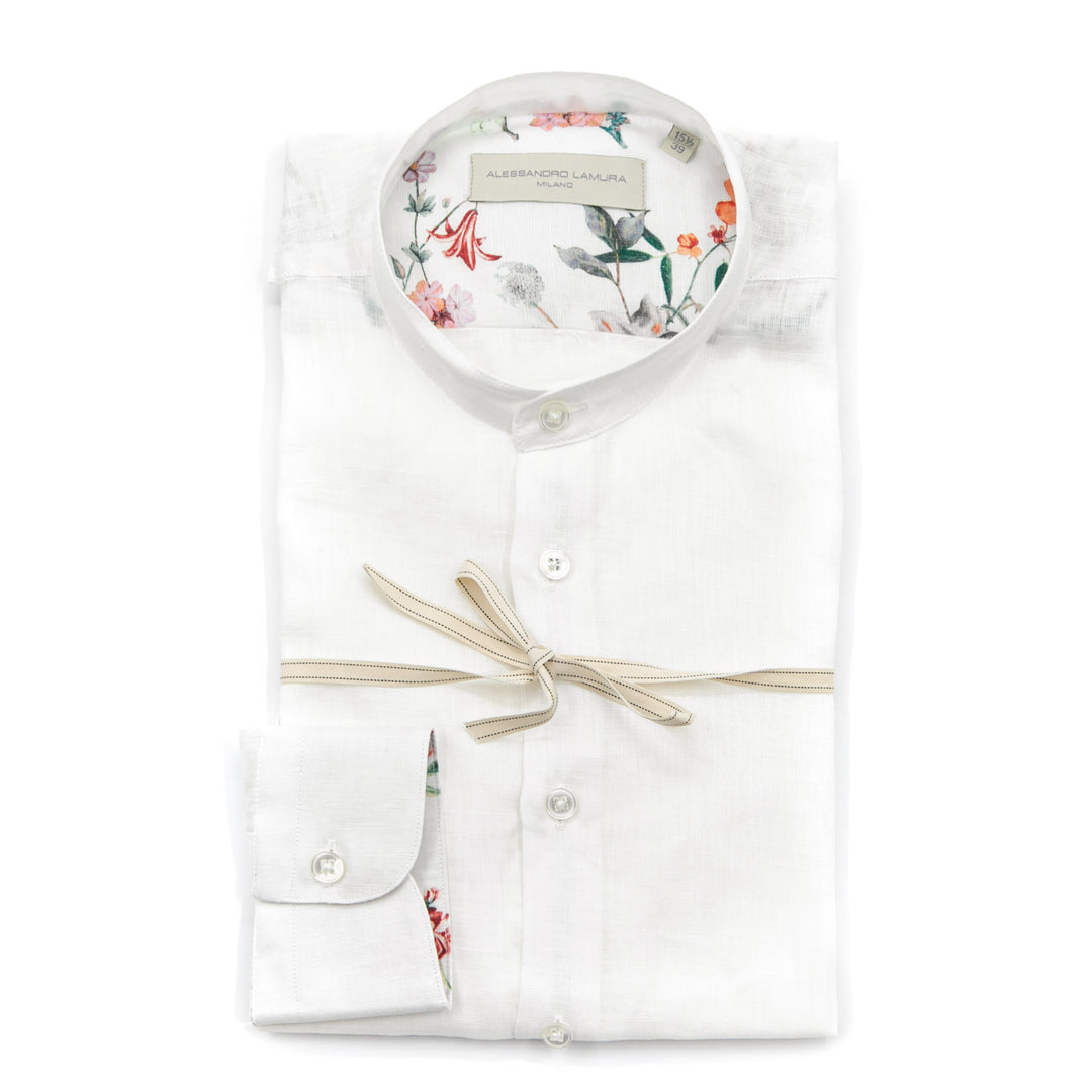 Camicia Bianca in Lino con Collo Coreano e Interno Floreale