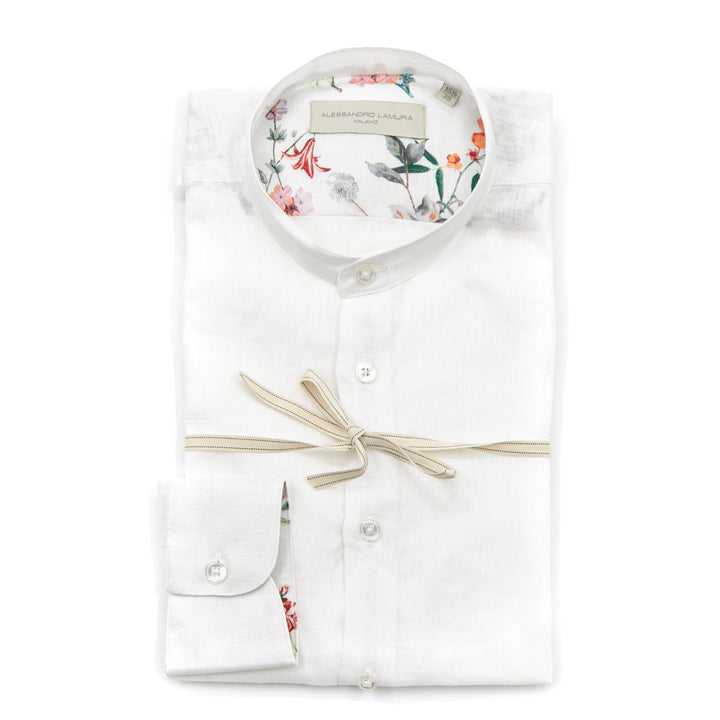 Camicia Bianca in Lino con Collo Coreano e Interno Floreale