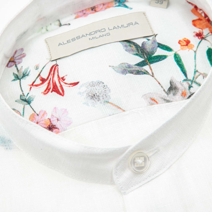 Camicia Bianca in Lino con Collo Coreano e Interno Floreale
