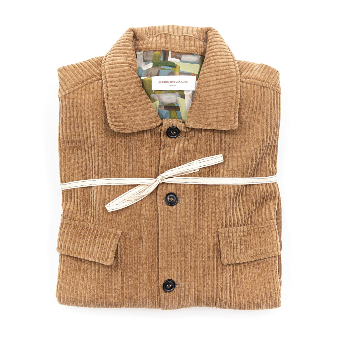 Giacca-Camicia Velluto a Coste Cammello con Interno Fantasia