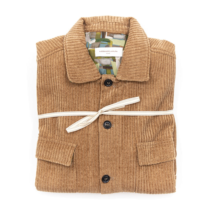 Giacca-Camicia Velluto a Coste Cammello con Interno Fantasia