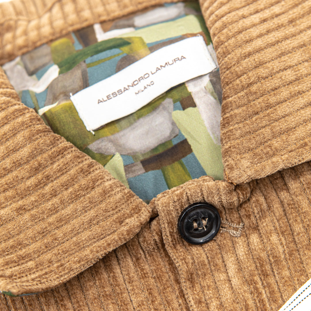 Giacca-Camicia Velluto a Coste Cammello con Interno Fantasia