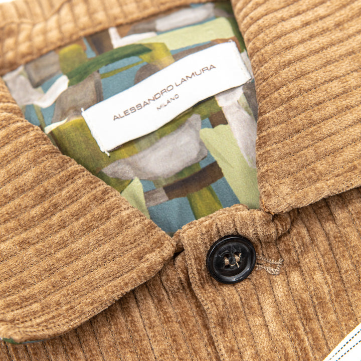 Giacca-Camicia Velluto a Coste Cammello con Interno Fantasia