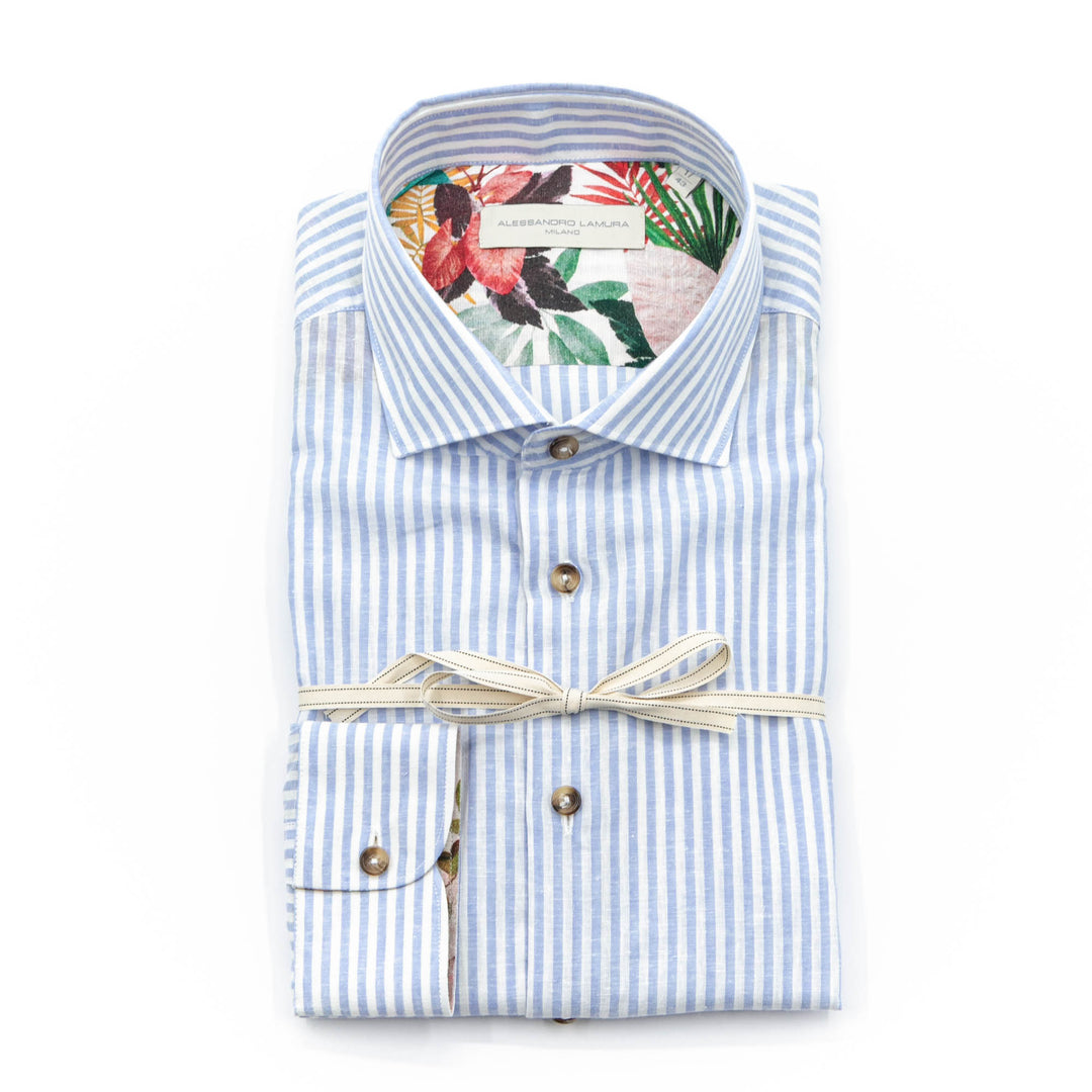 Camicia Azzurra a Righe in Lino con Interno Floreale