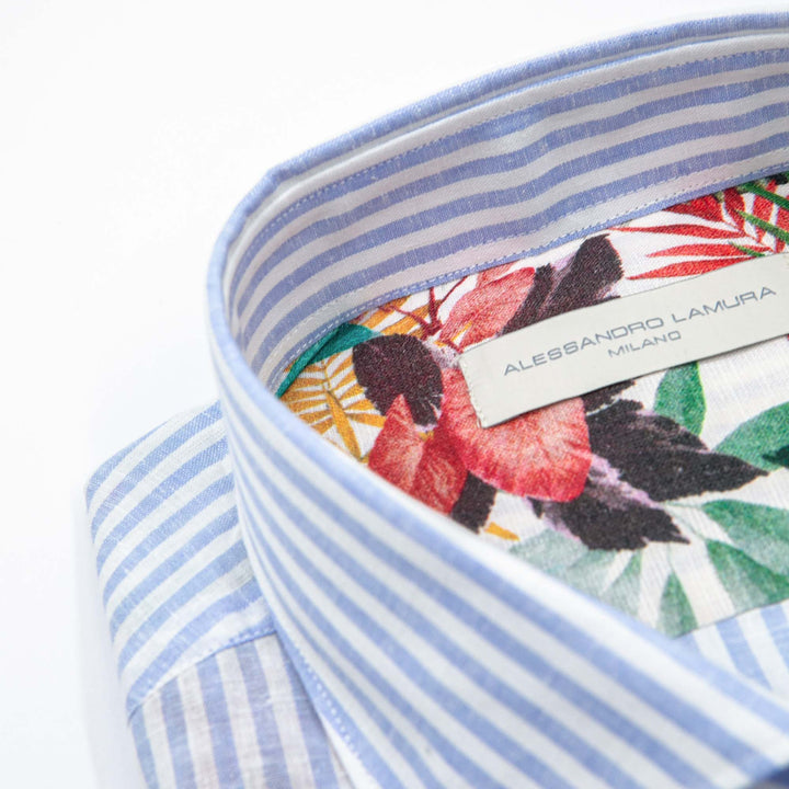 Camicia Azzurra a Righe in Lino con Interno Floreale