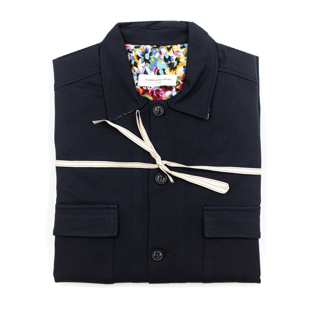 Giacca-Camicia Blu Notte con Interno Fantasia Floreale
