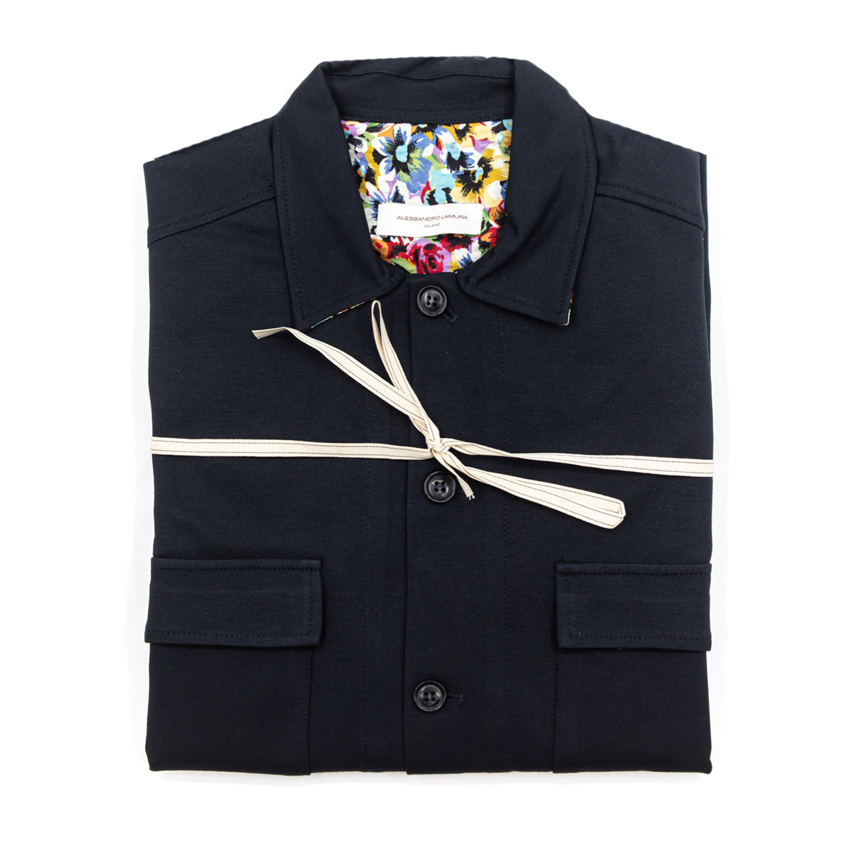 Giacca-Camicia Blu Notte con Interno Fantasia Floreale