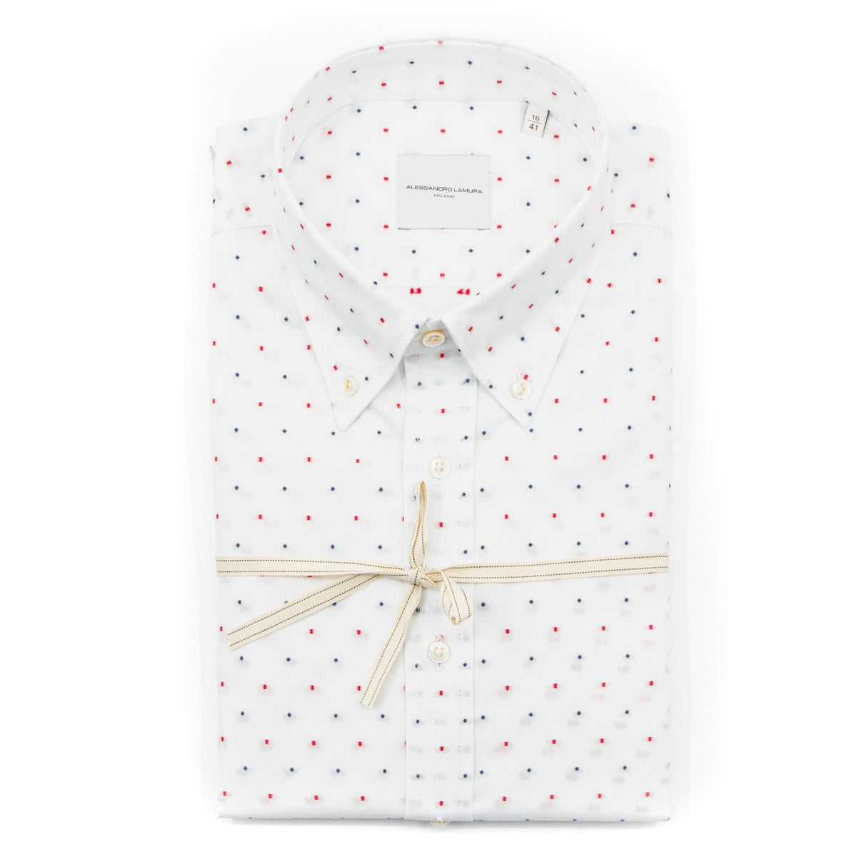Camicia Bianca con Micro Fantasia Rossa e Blu e Colletto Button-Down