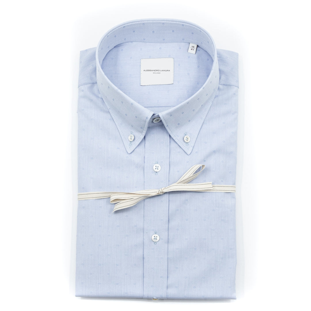 Camicia Azzurra Sartoriale Micro Fantasia con Collo Button-Down