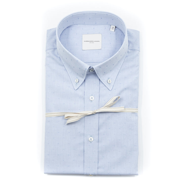 Camicia Azzurra Sartoriale Micro Fantasia con Collo Button-Down