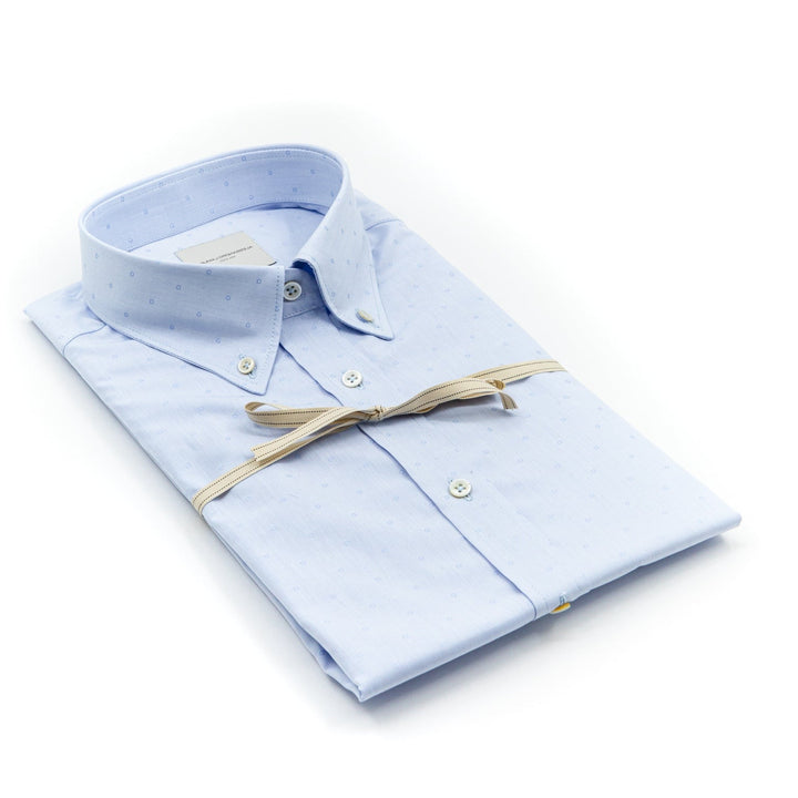 Camicia Azzurra Sartoriale Micro Fantasia con Collo Button-Down