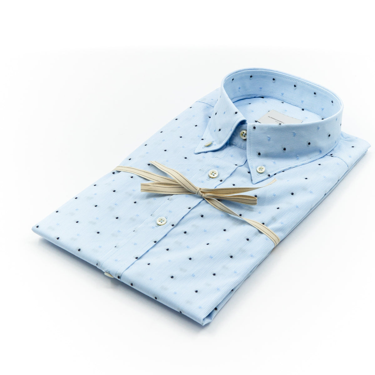Camicia Azzurra a Righe Sottili con Micro Fantasia Blu e Colletto Button-Down