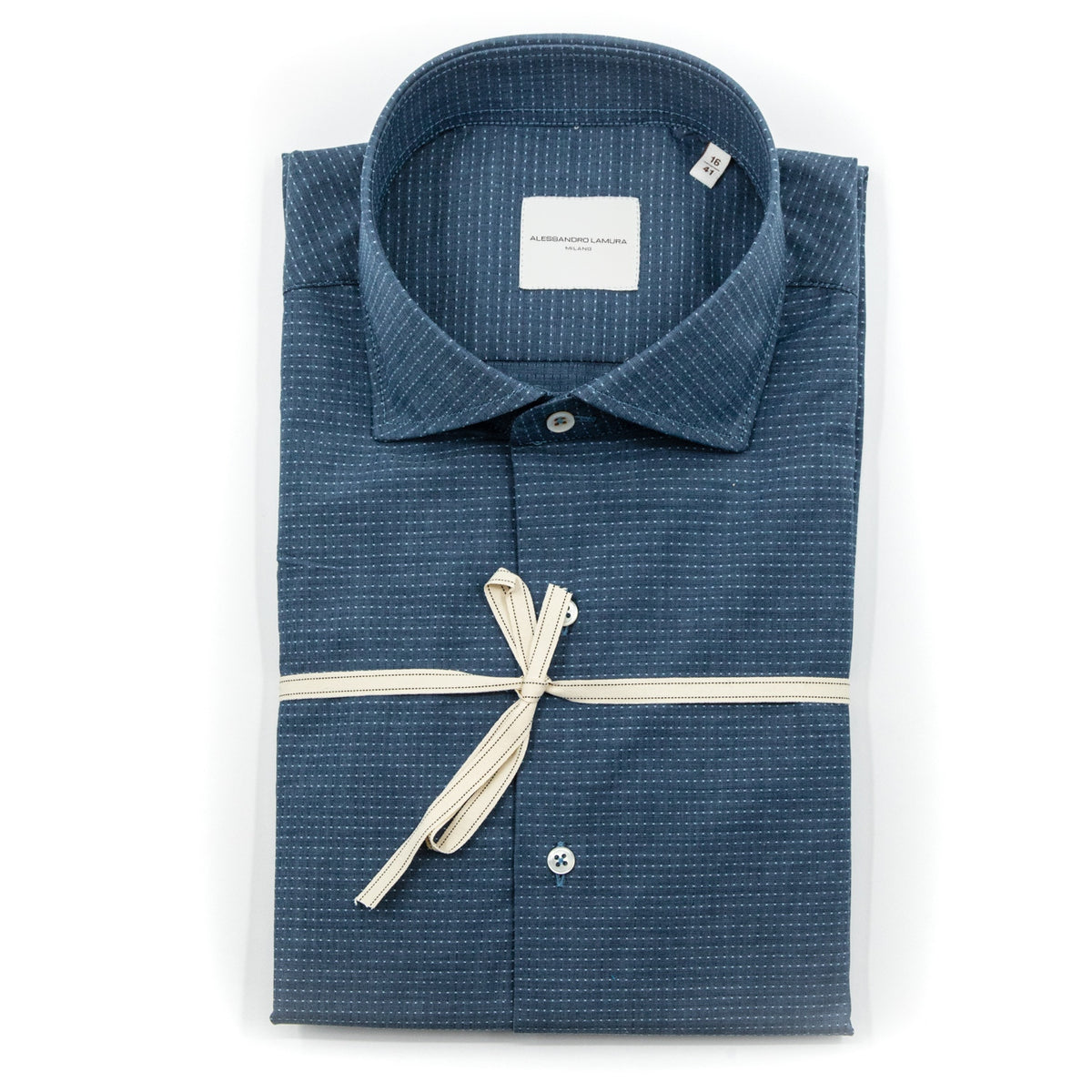 Camicia Blu Denim con Micro Fantasia Geometrica e Colletto Italiano
