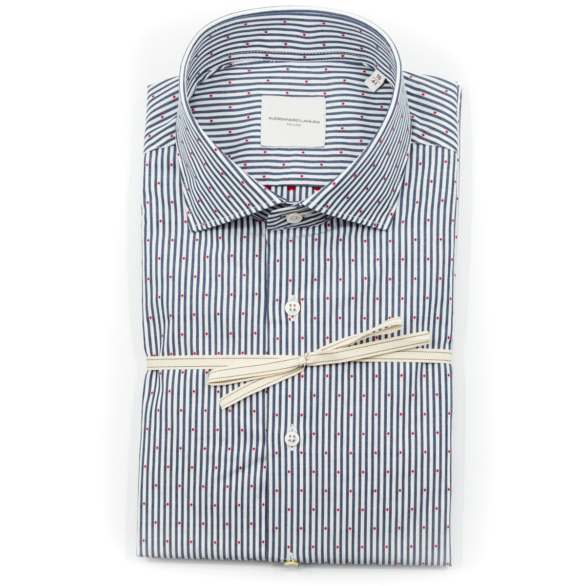 Camicia a Righe Blu e Bianche con Micro Pois Rossi